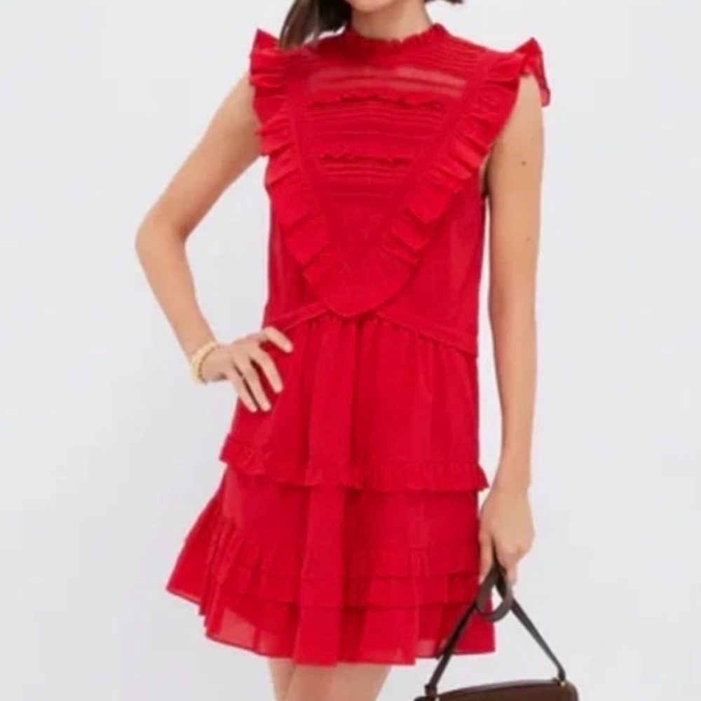 Pomander Place Red Tiered Ruffle Lace Mini Dress